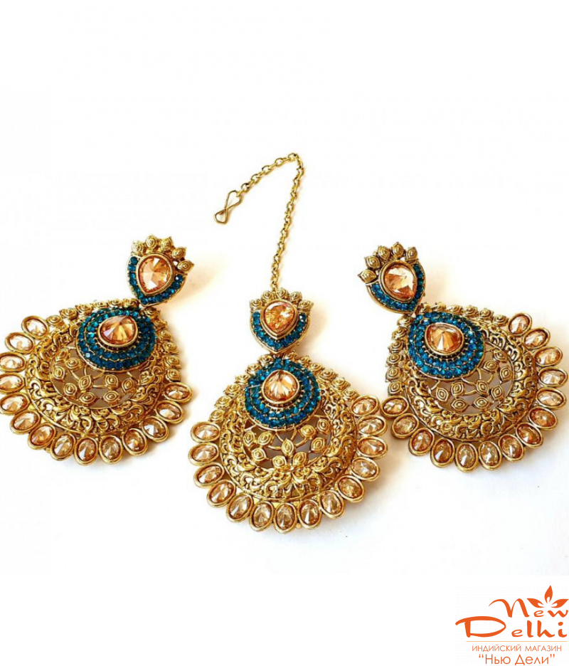 Набір індійських прикрас Тіка та  Сережки.Синій.