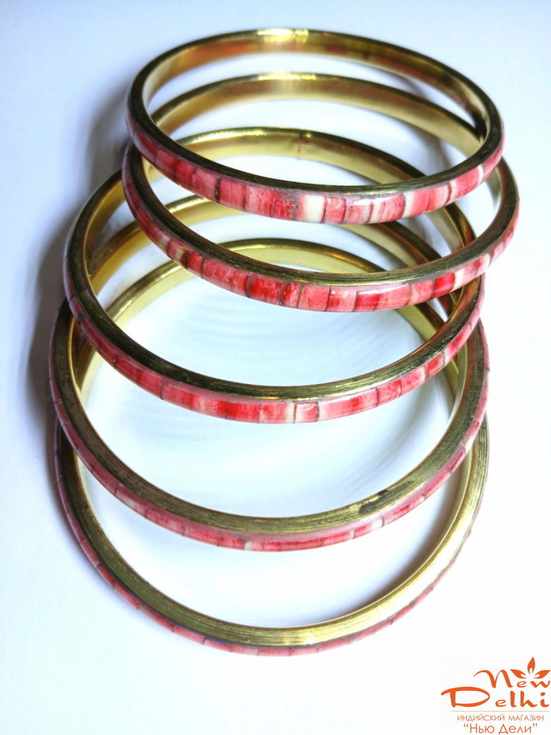 Набір Браслетів Червоний -5  шт.  ( 5 см*6,5 см), латунь, кістка, Індія