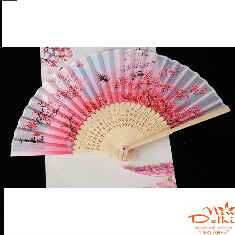 Віяло  вінтажне з шовку та бамбуку,  L = 21 см, п\о 38 см.