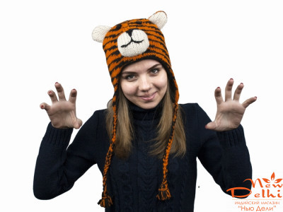 Зимняя шерстяная шапка &quot;Тигр&quot; на флисовой подкладке оранжевая