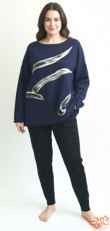 Кашеміровий Светр Oversize з малюнком "Лисття" , виконаним в техниці "валяння  вовной".Oversize.Синій..