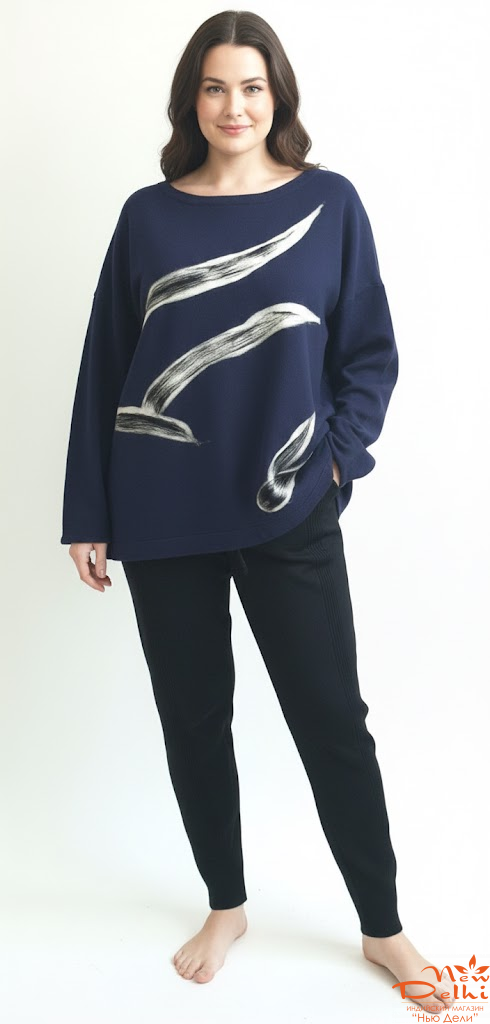 Кашеміровий Светр Oversize з малюнком "Лисття" , виконаним в техниці "валяння  вовной".Oversize.Синій..