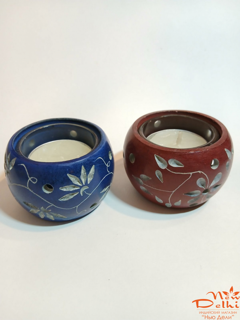 Свічник з каменю,  зі свічкою, синій.Індія.