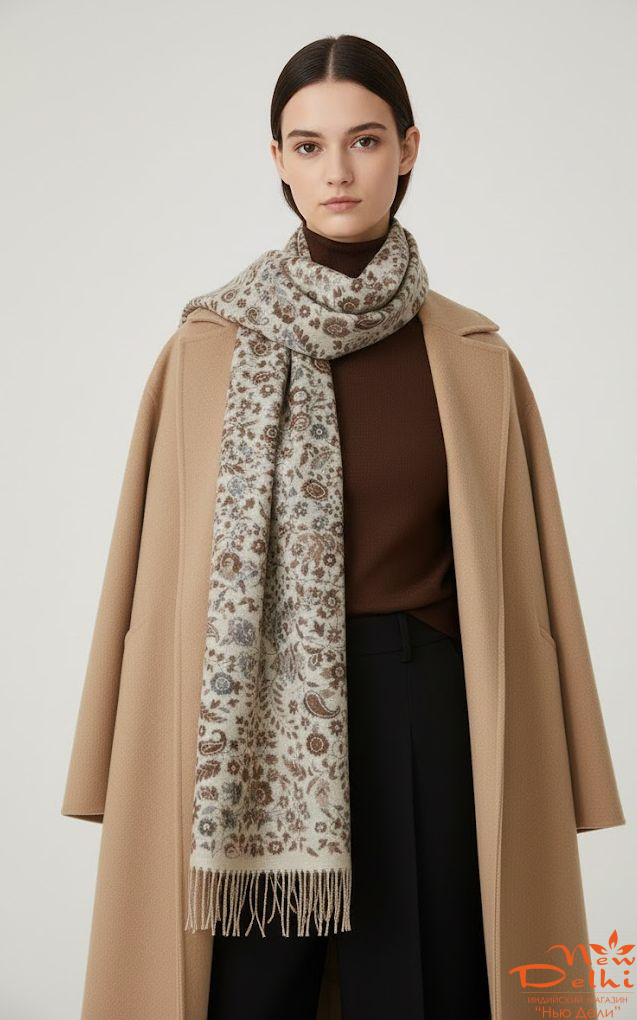 Шарф-палантин "Пейслі", віскоза, вовна, молочний