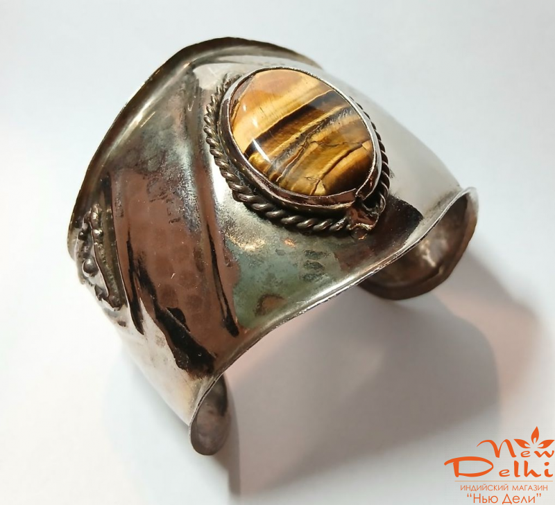 Браслет скоба с нат камнем Тигрове око, металл, Індія