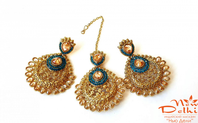 Набір індійських прикрас Тіка та  Сережки.Синій.
