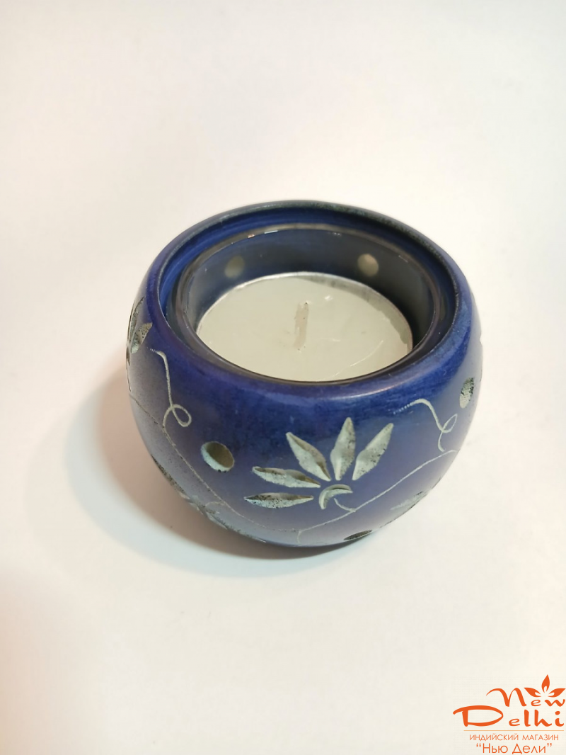 Свічник з каменю,  зі свічкою, синій.Індія.