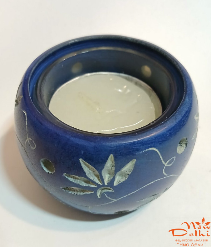 Свічник з каменю,  зі свічкою, синій.Індія.