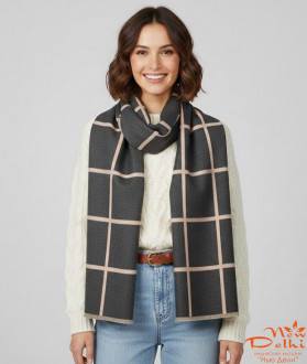 Палантин "Клітинка" кашемір, рожевий/сірий