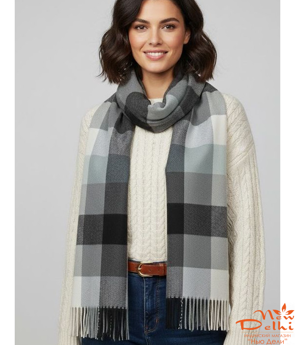 Теплий Картатий Шарф-Плед &quot;Осінній Затишок&quot; у клітинку.Графіт.