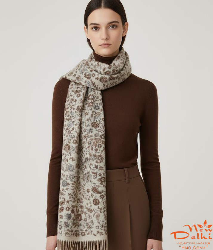 Шарф-палантин "Пейслі", віскоза, вовна, молочний