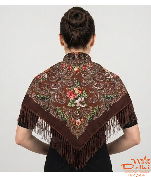 Хустка "Квіти", вовна, корічнева.