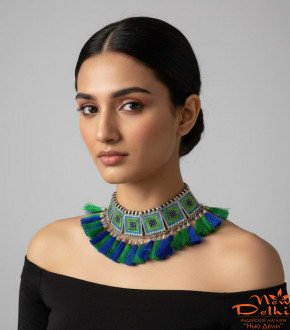 Колье "Квадрати"з китицями, ,ємаль сине-зел. белий метал. Індія