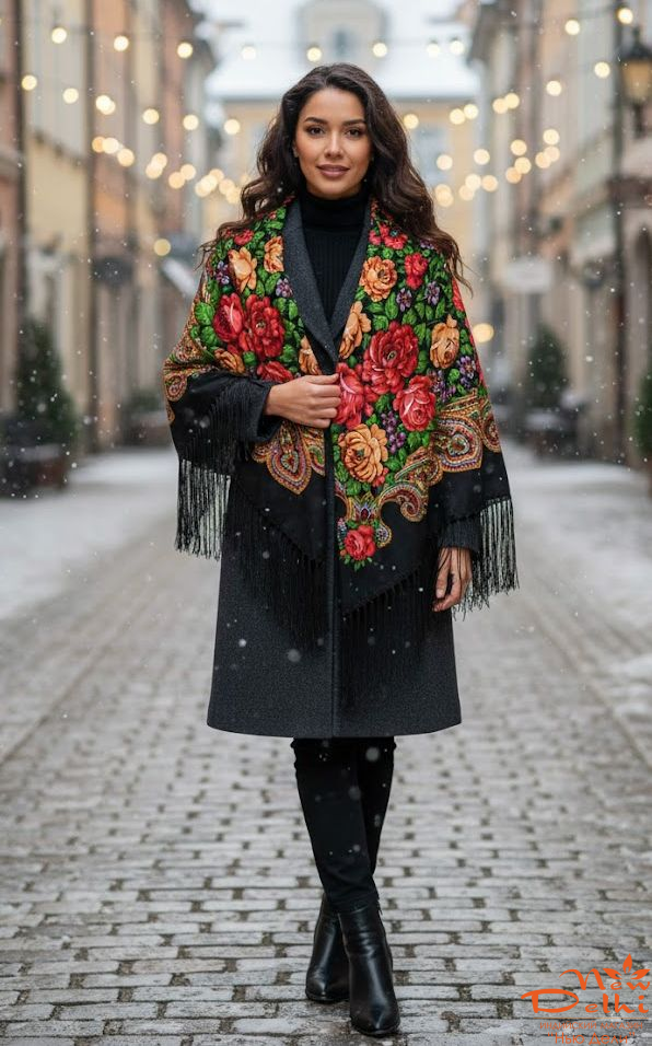 Хустка "Квіти", вовна, чорна.